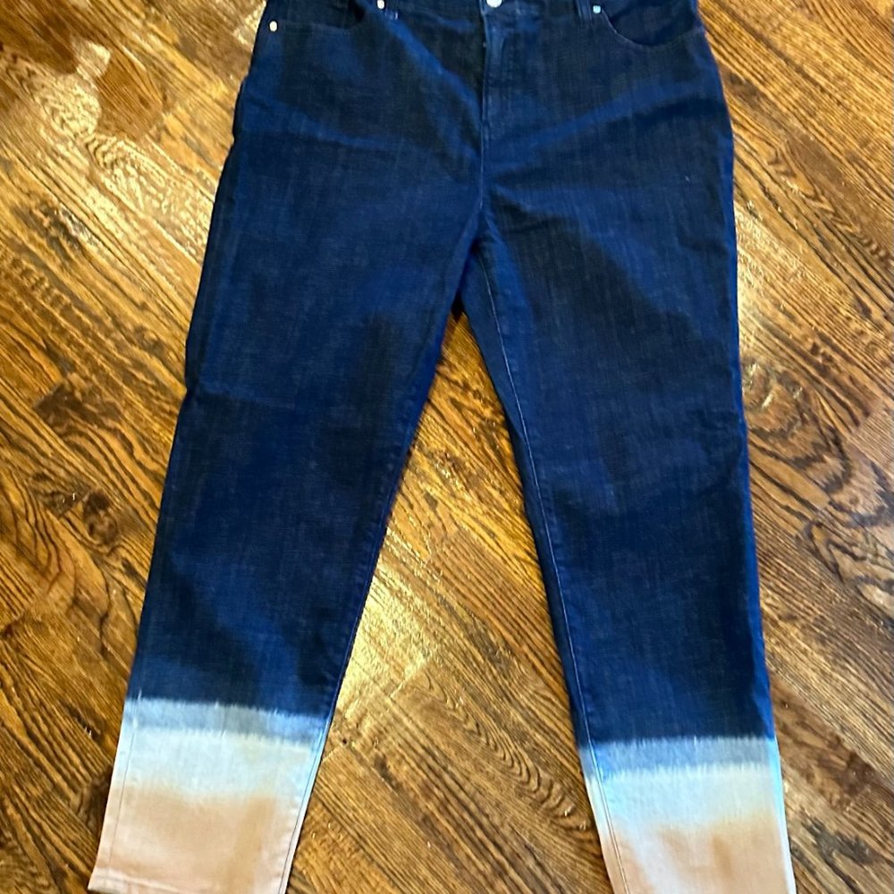 CHICO'S Jeans, SLIMMING Size 14R, Dark Blue Denim, Cream & Peach